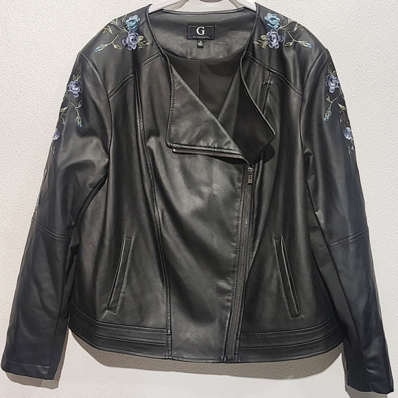 G by Giuliana Jackets & Blazers - G by Giuliana Black Faux Leather Moto Jacket with Blue Floral Embroidery